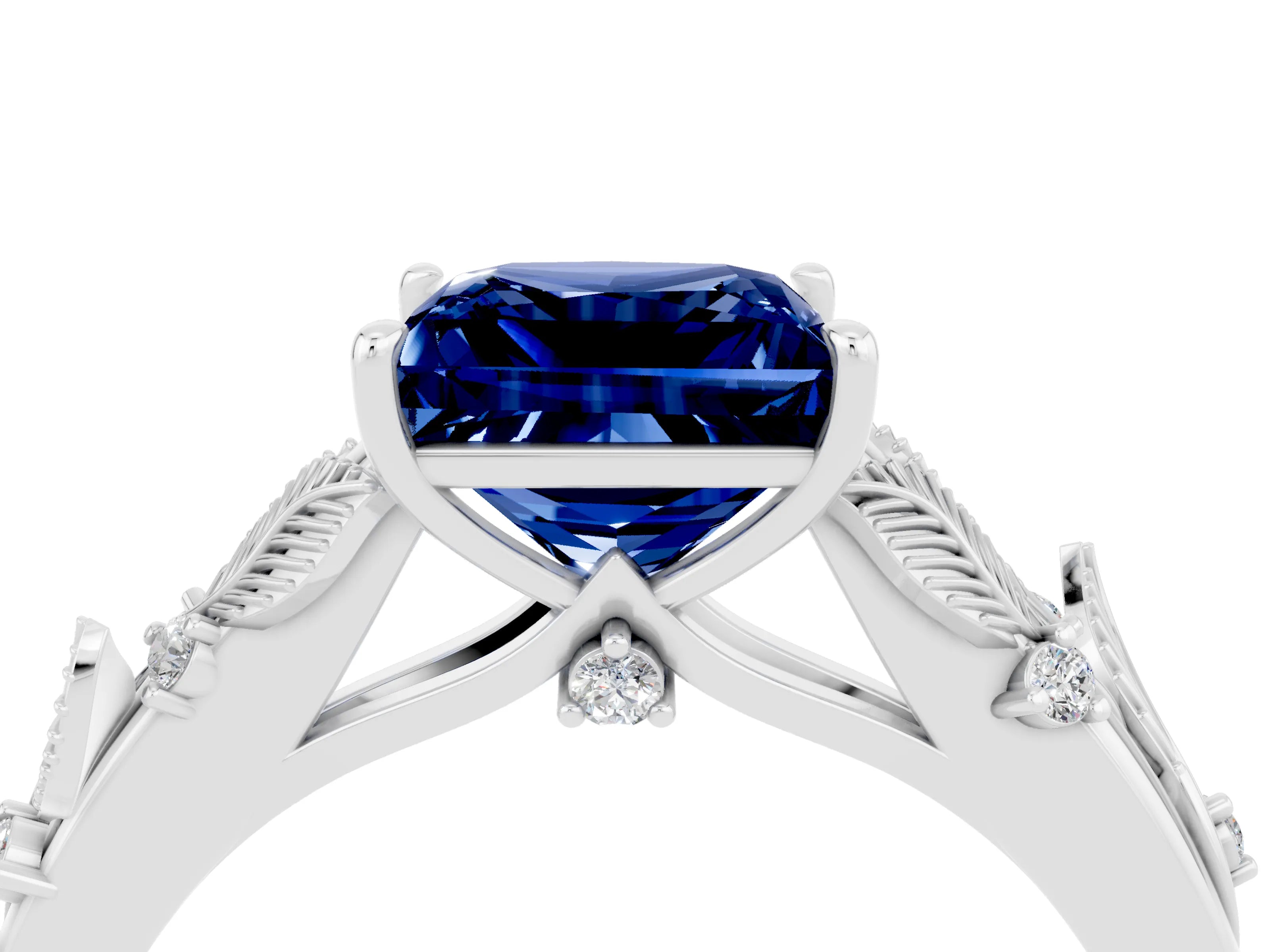 White gold Princess Cut Blue Sapphire Solitaire Ring with Leaf Motif Band and Four-Prong Setting_4