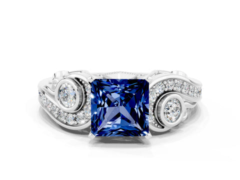 White gold Princess Cut Blue Sapphire Solitaire Ring with Milgrain Pavé Band and Four-Prong Setting_12