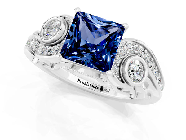 Silver Princess Cut Blue Sapphire Solitaire Ring with Milgrain Pavé Band and Four-Prong Setting