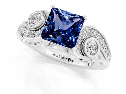 White gold Princess Cut Blue Sapphire Solitaire Ring with Milgrain Pavé Band and Four-Prong Setting_13