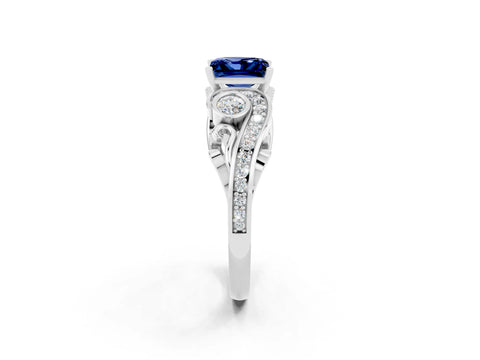 White gold Princess Cut Blue Sapphire Solitaire Ring with Milgrain Pavé Band and Four-Prong Setting_14