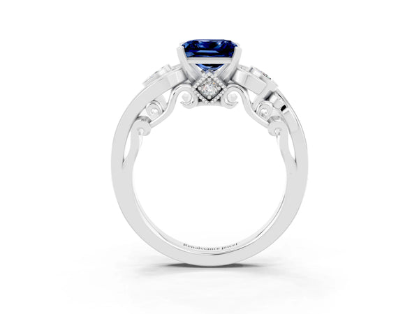 Platinum Princess Cut Blue Sapphire Solitaire Ring with Milgrain Pavé Band and Four-Prong Setting