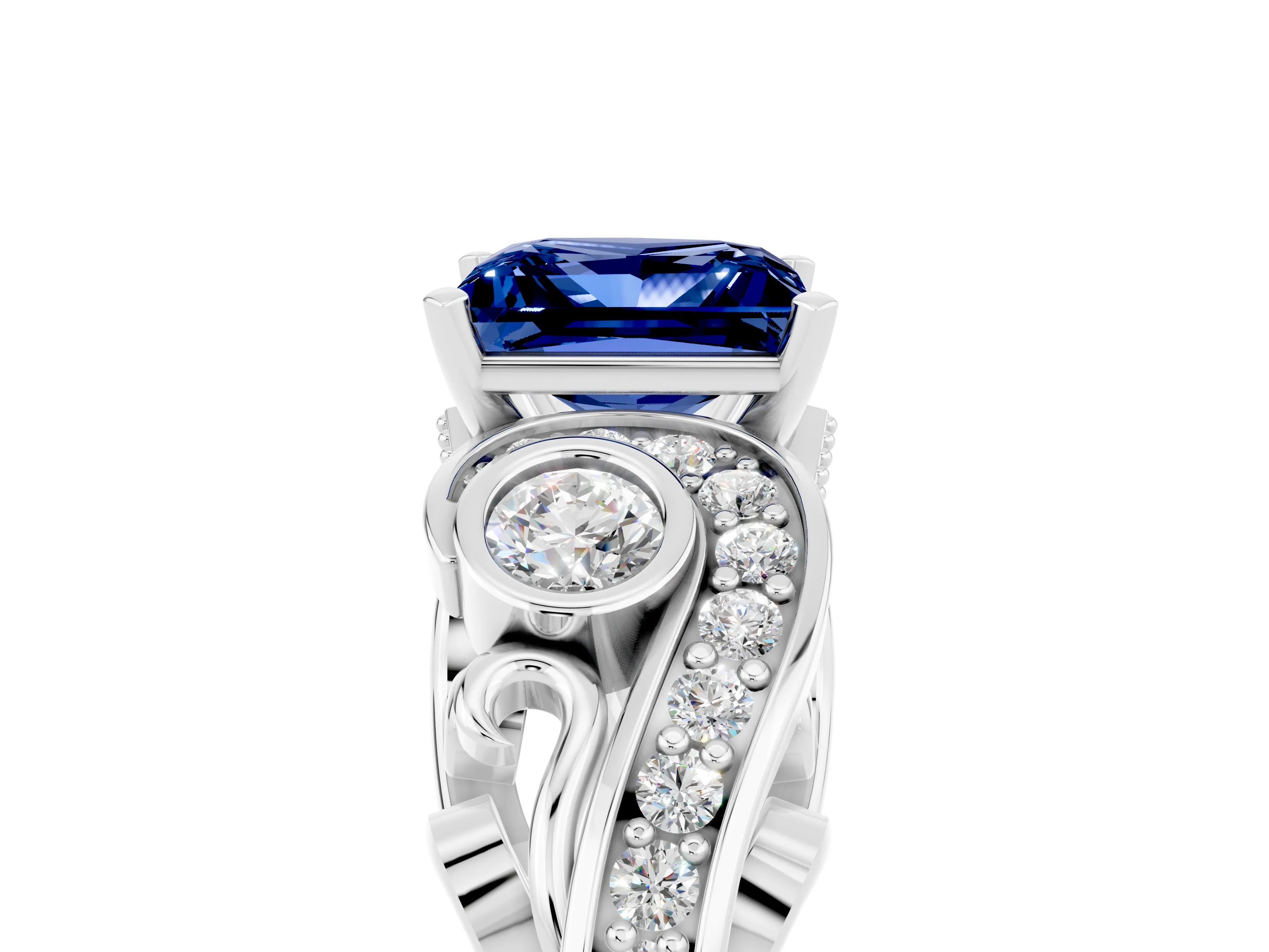 White gold Princess Cut Blue Sapphire Solitaire Ring with Milgrain Pavé Band and Four-Prong Setting_17