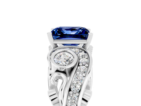 White gold Princess Cut Blue Sapphire Solitaire Ring with Milgrain Pavé Band and Four-Prong Setting_17