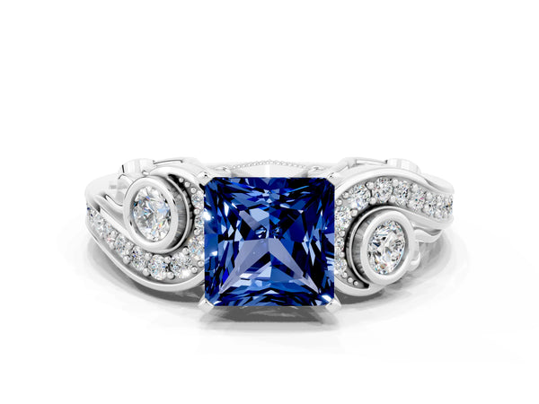 White gold Princess Cut Blue Sapphire Solitaire Ring with Milgrain Pavé Band and Four-Prong Setting