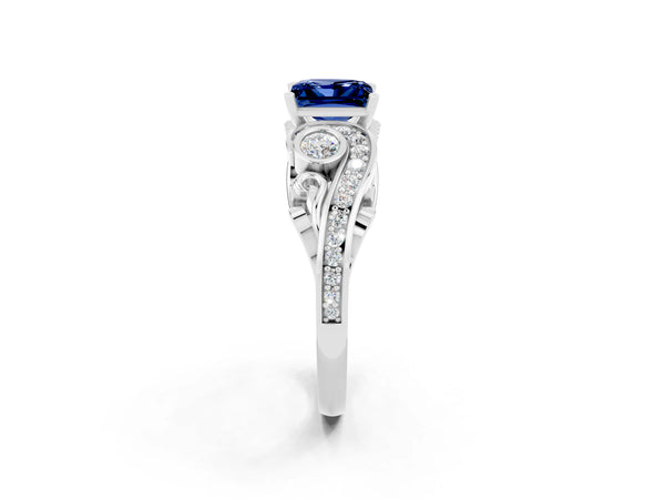 White gold Princess Cut Blue Sapphire Solitaire Ring with Milgrain Pavé Band and Four-Prong Setting