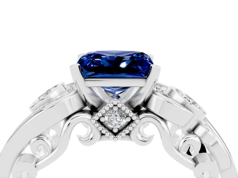 White gold Princess Cut Blue Sapphire Solitaire Ring with Milgrain Pavé Band and Four-Prong Setting_52