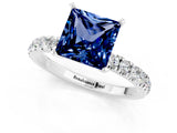 White gold Princess Cut Blue Sapphire Solitaire Ring with Pavé Accents and Four-Prong Setting_1