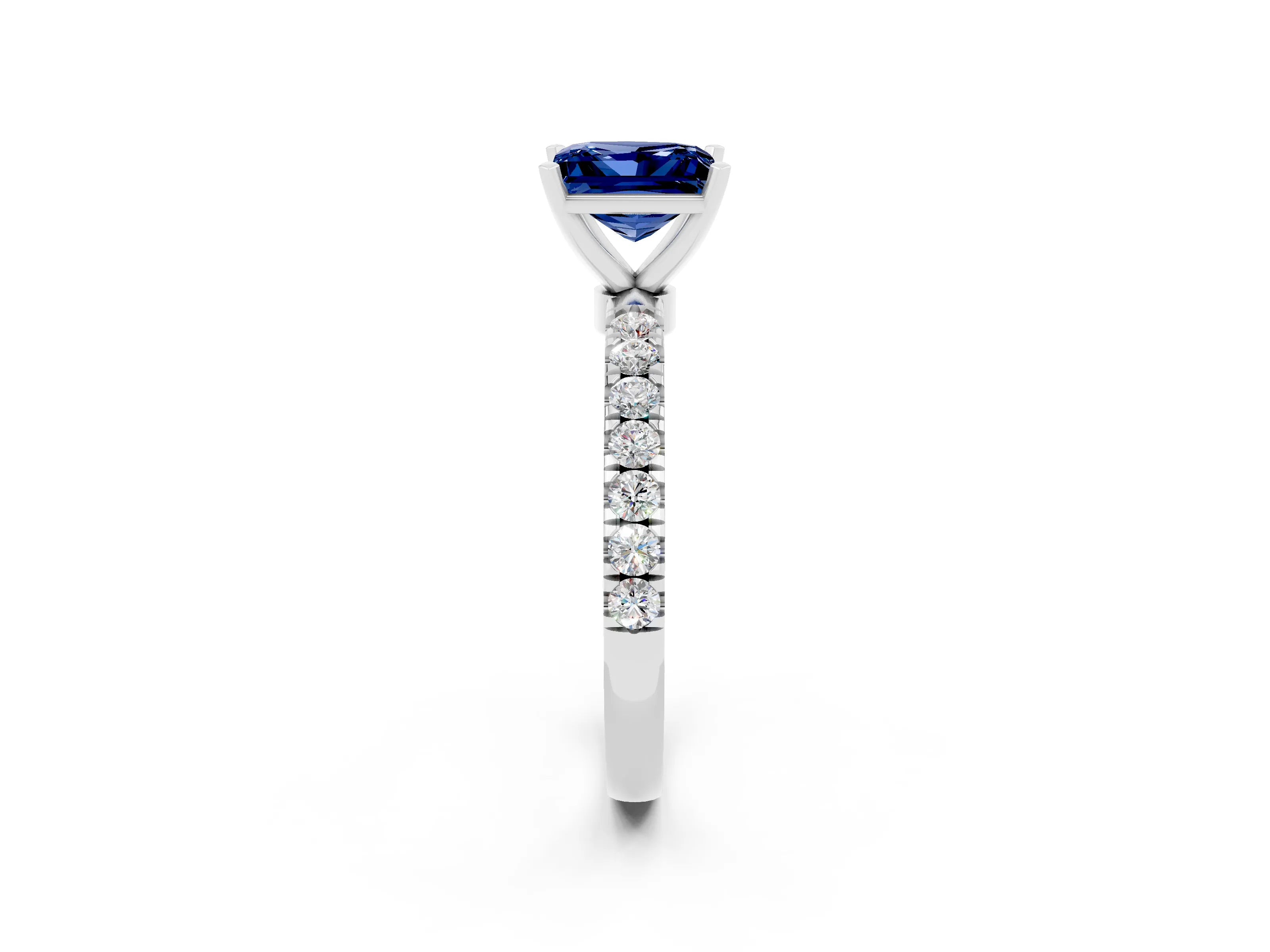 White gold Princess Cut Blue Sapphire Solitaire Ring with Pavé Accents and Four-Prong Setting_2