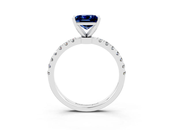 Platinum Princess Cut Blue Sapphire Solitaire Ring with Pavé Accents and Four-Prong Setting