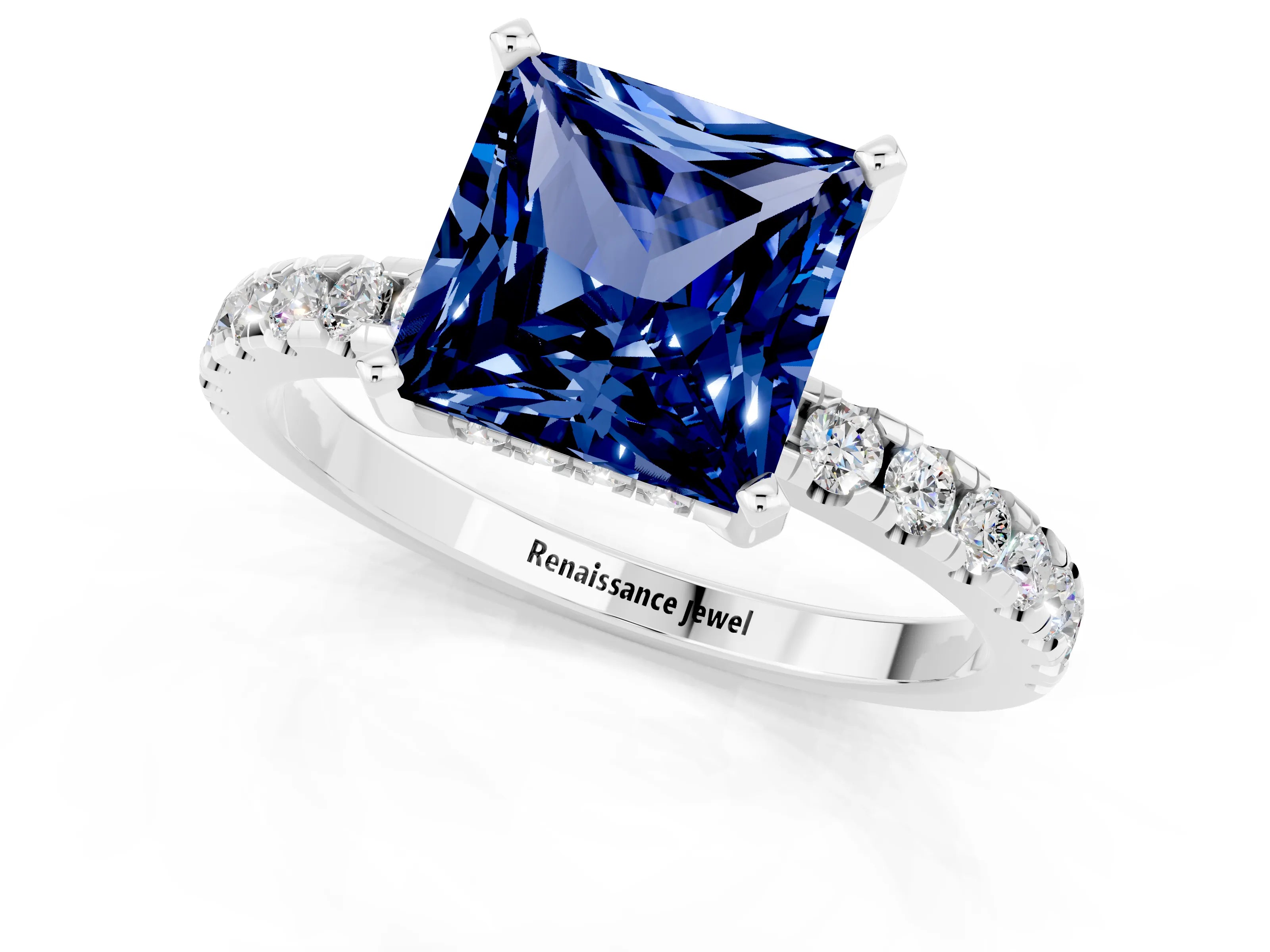 White gold Princess Cut Blue Sapphire Solitaire Ring with Pavé Band and Four-Prong Setting_13
