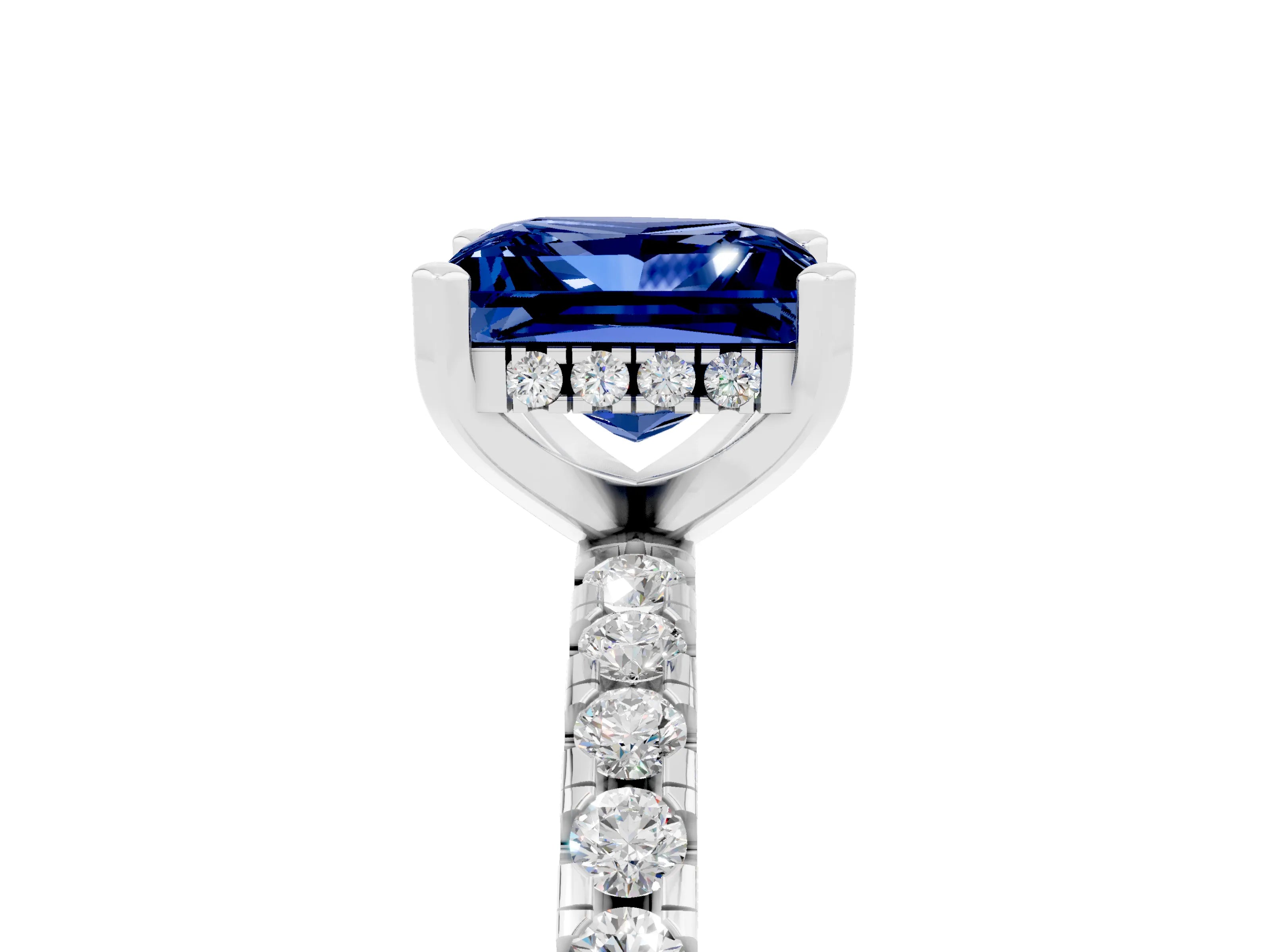 White gold Princess Cut Blue Sapphire Solitaire Ring with Pavé Band and Four-Prong Setting_17