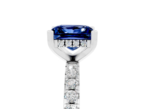 White gold Princess Cut Blue Sapphire Solitaire Ring with Pavé Band and Four-Prong Setting_17