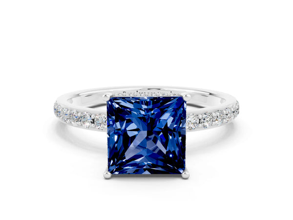 Platinum Princess Cut Blue Sapphire Solitaire Ring with Pavé Band and Hidden Halo
