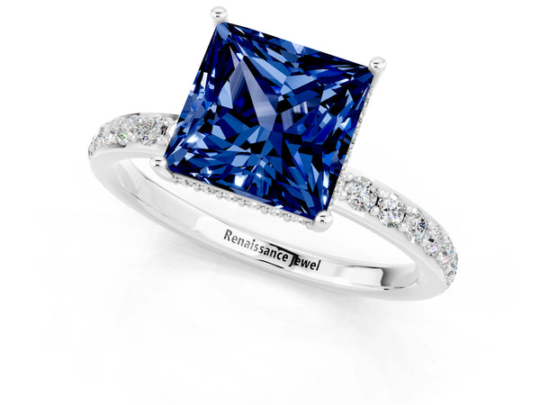 Platinum Princess Cut Blue Sapphire Solitaire Ring with Pavé Band and Hidden Halo