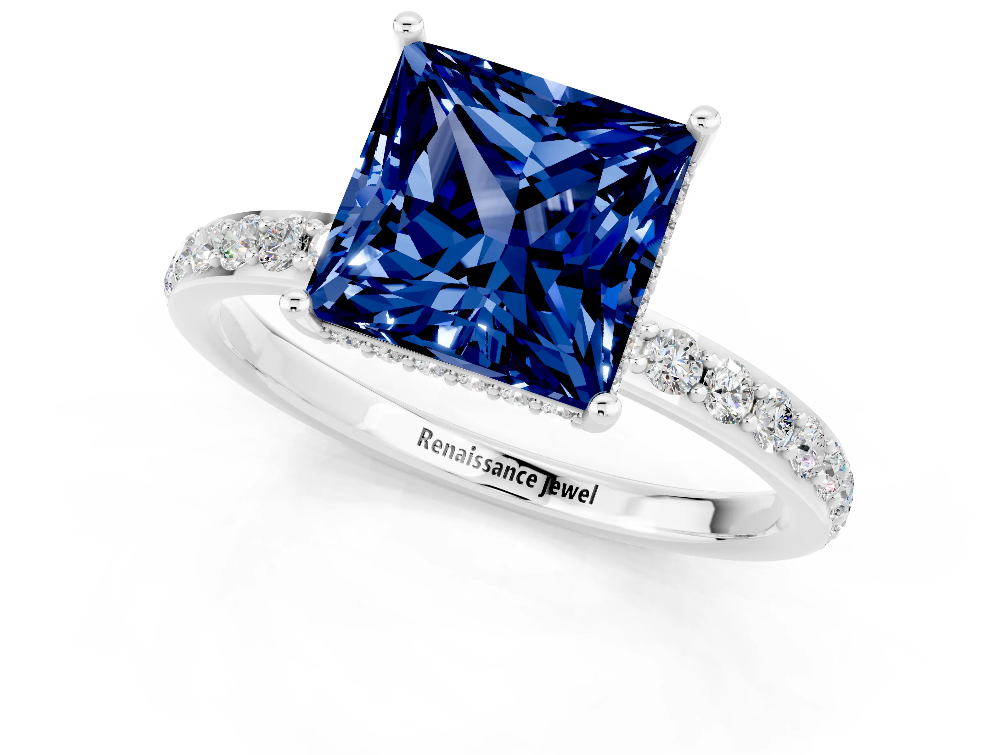 White gold Princess Cut Blue Sapphire Solitaire Ring with Pavé Band and Hidden Halo_1