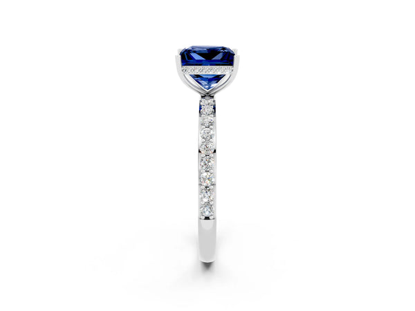 White gold Princess Cut Blue Sapphire Solitaire Ring with Pavé Band and Hidden Halo