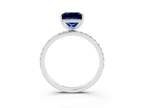 White gold Princess Cut Blue Sapphire Solitaire Ring with Pavé Band and Hidden Halo_27