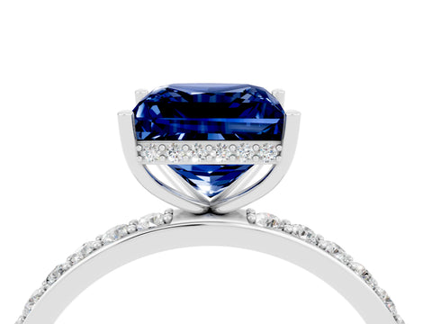 White gold Princess Cut Blue Sapphire Solitaire Ring with Pavé Band and Hidden Halo_28