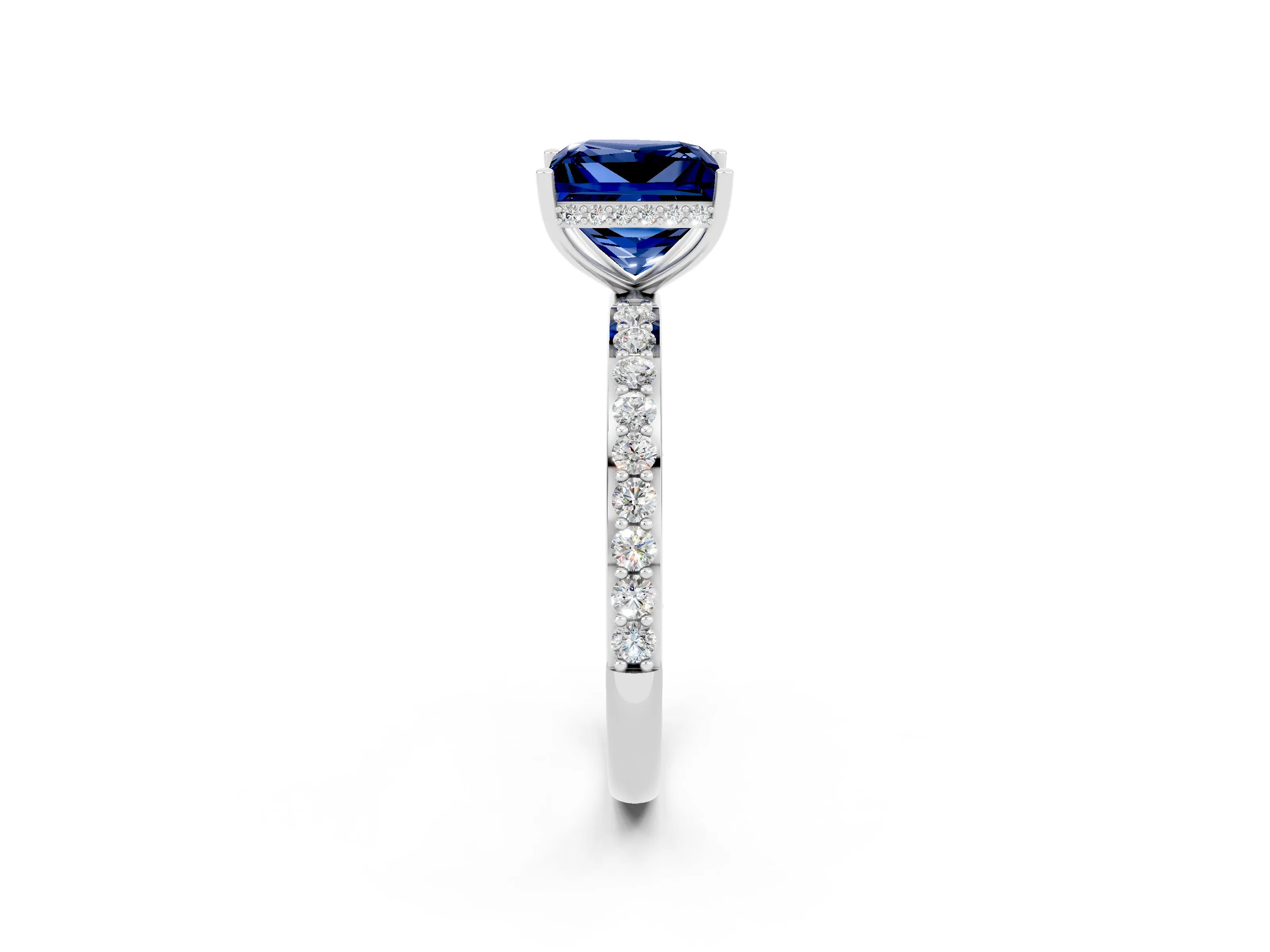 White gold Princess Cut Blue Sapphire Solitaire Ring with Pavé Band and Hidden Halo_2