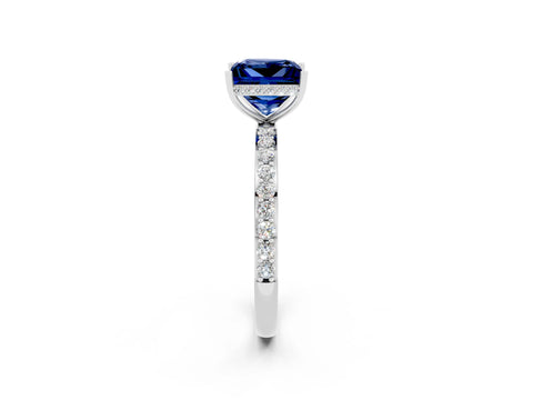White gold Princess Cut Blue Sapphire Solitaire Ring with Pavé Band and Hidden Halo_2
