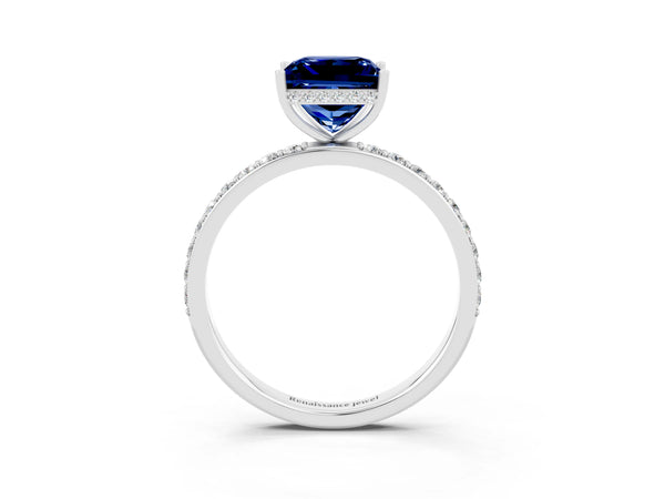 Platinum Princess Cut Blue Sapphire Solitaire Ring with Pavé Band and Hidden Halo