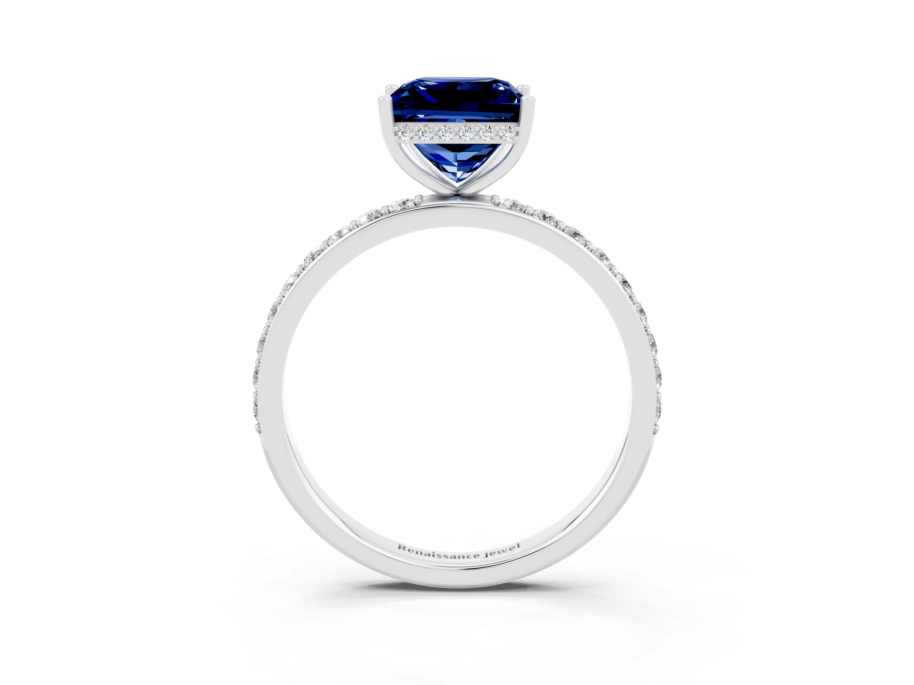 White gold Princess Cut Blue Sapphire Solitaire Ring with Pavé Band and Hidden Halo_3
