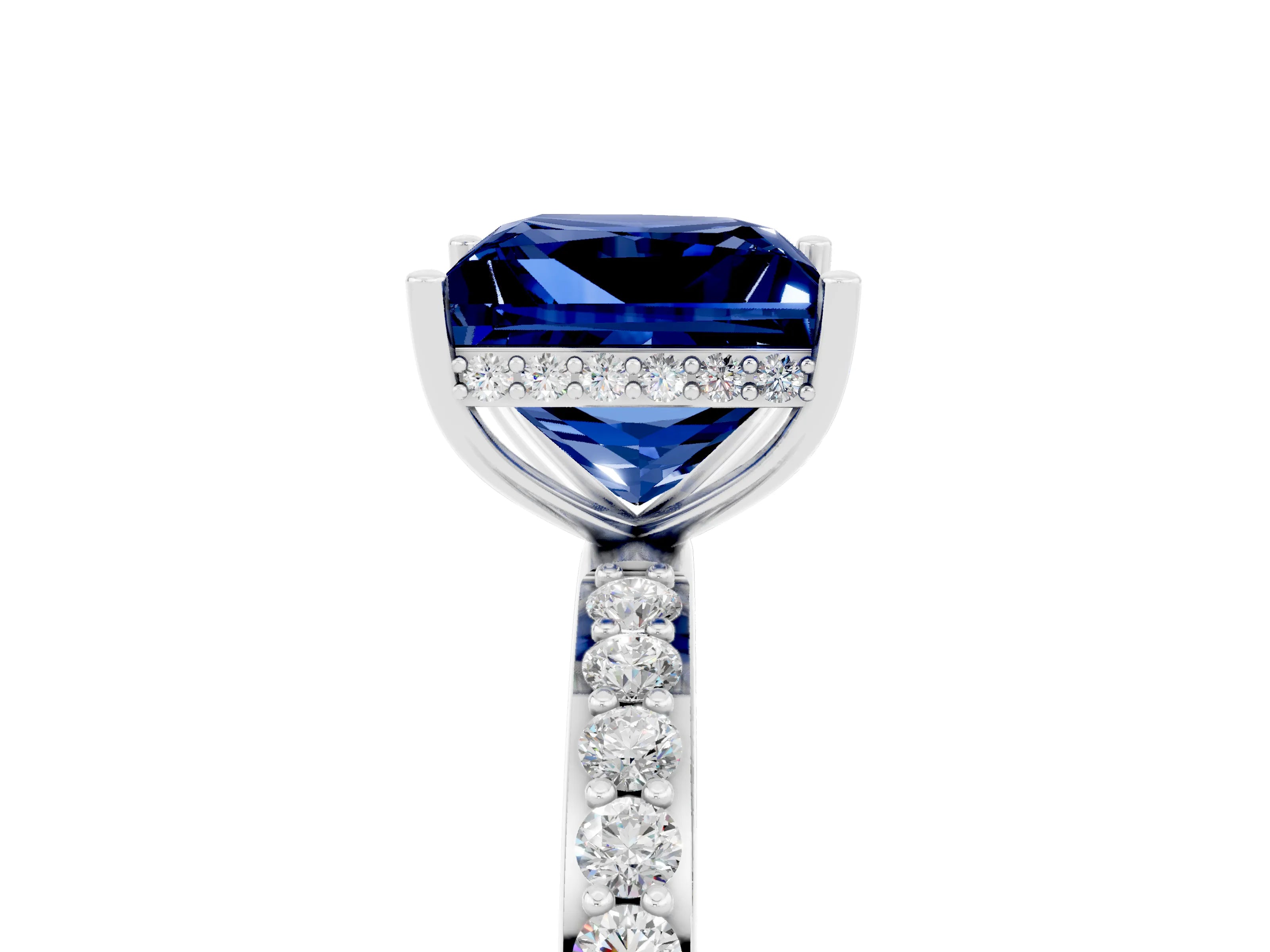White gold Princess Cut Blue Sapphire Solitaire Ring with Pavé Band and Hidden Halo_5