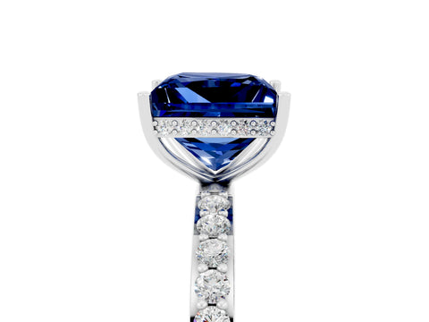 White gold Princess Cut Blue Sapphire Solitaire Ring with Pavé Band and Hidden Halo_5