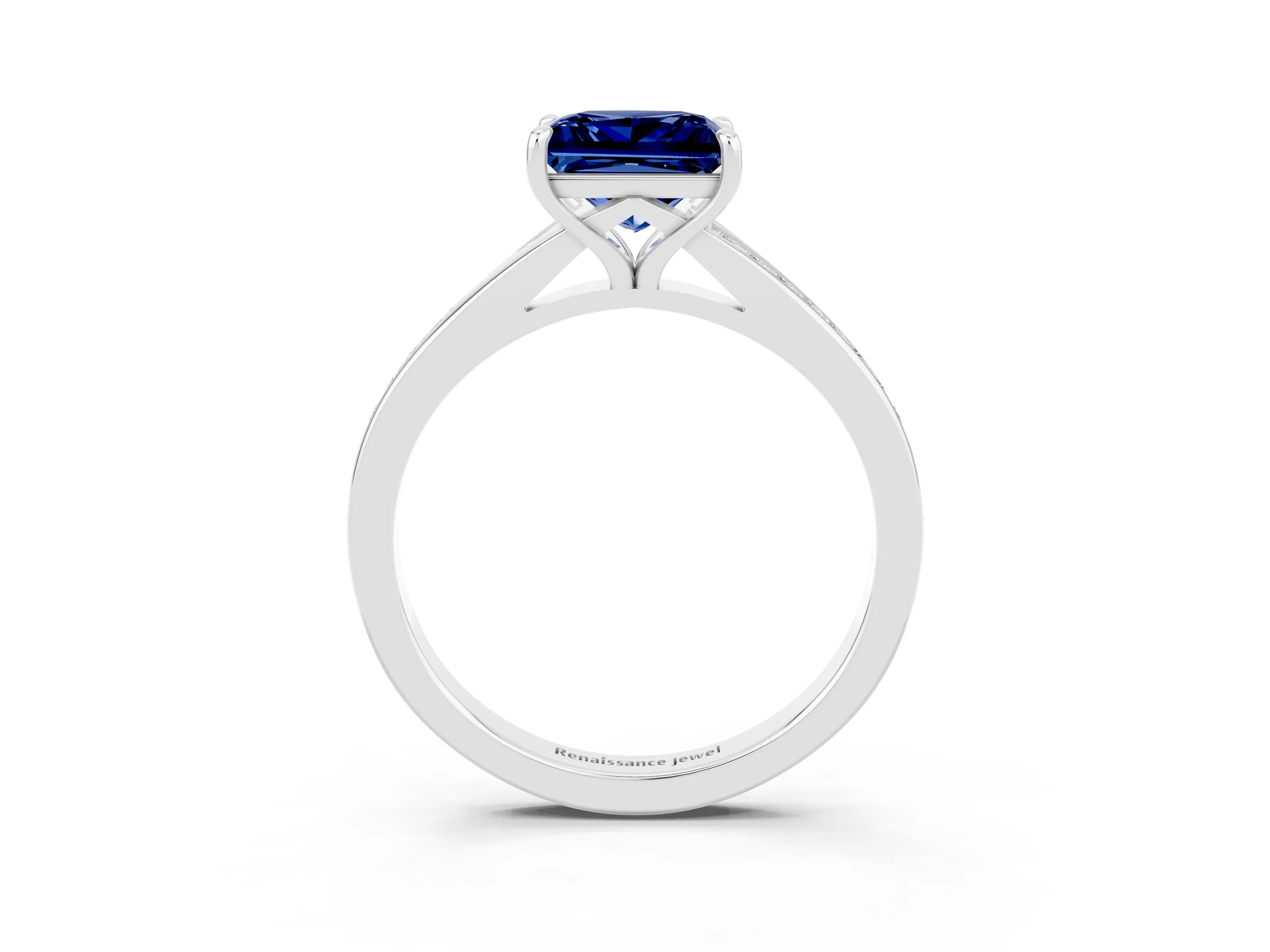 White gold Princess Cut Blue Sapphire Solitaire Ring with Pavé Band and Prong Setting_3