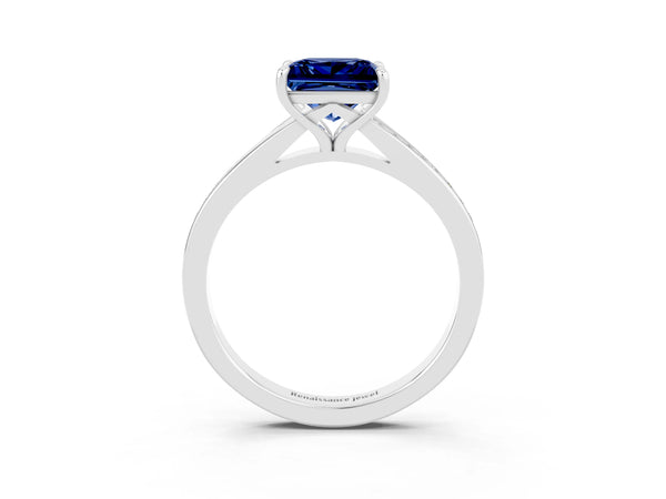 White gold Princess Cut Blue Sapphire Solitaire Ring with Pavé Band and Prong Setting