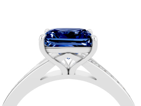 White gold Princess Cut Blue Sapphire Solitaire Ring with Pavé Band and Prong Setting_4