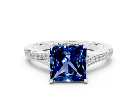 White gold Princess Cut Blue Sapphire Solitaire Ring with Pavé Band and Prong Setting