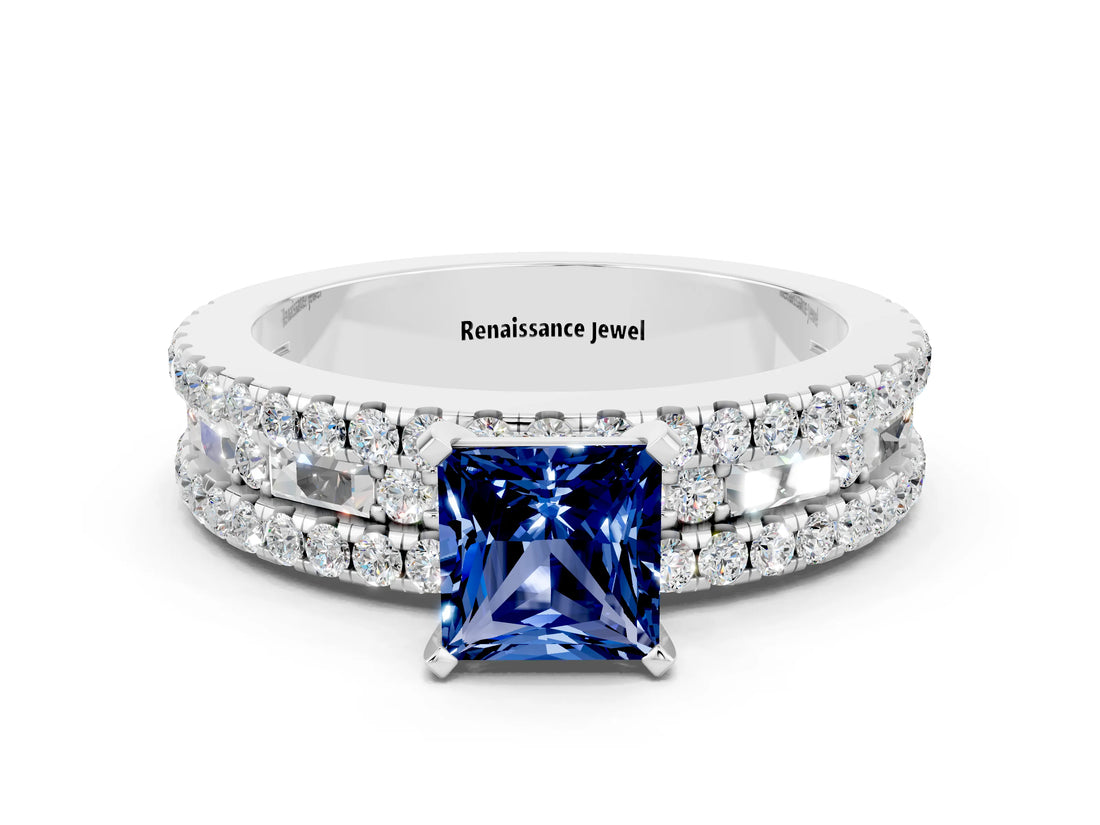 White gold Princess Cut Blue Sapphire Solitaire Ring with Pavé and Channel Set Band_12