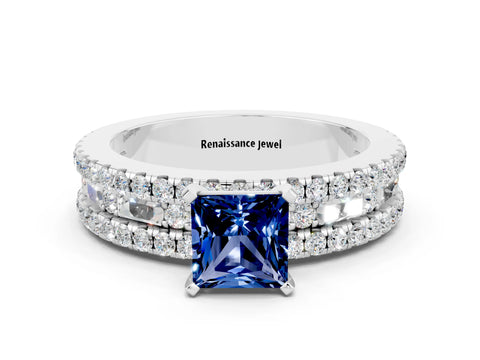 White gold Princess Cut Blue Sapphire Solitaire Ring with Pavé and Channel Set Band_12