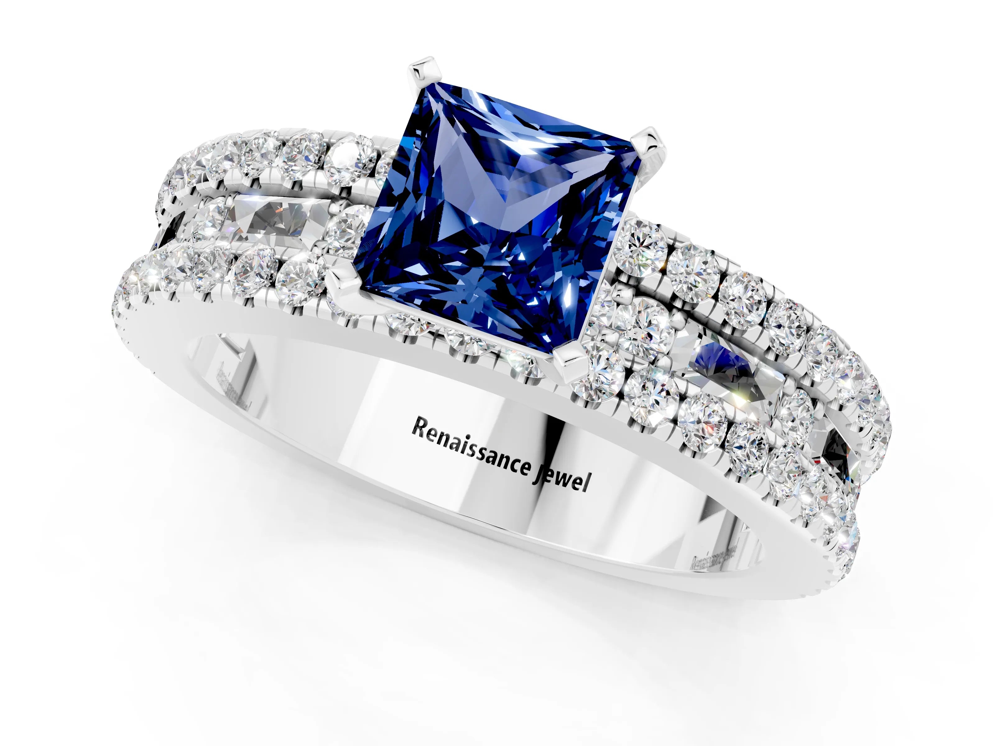 White gold Princess Cut Blue Sapphire Solitaire Ring with Pavé and Channel Set Band_13