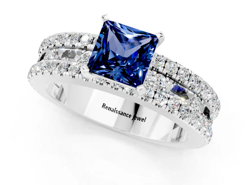 White gold Princess Cut Blue Sapphire Solitaire Ring with Pavé and Channel Set Band_13