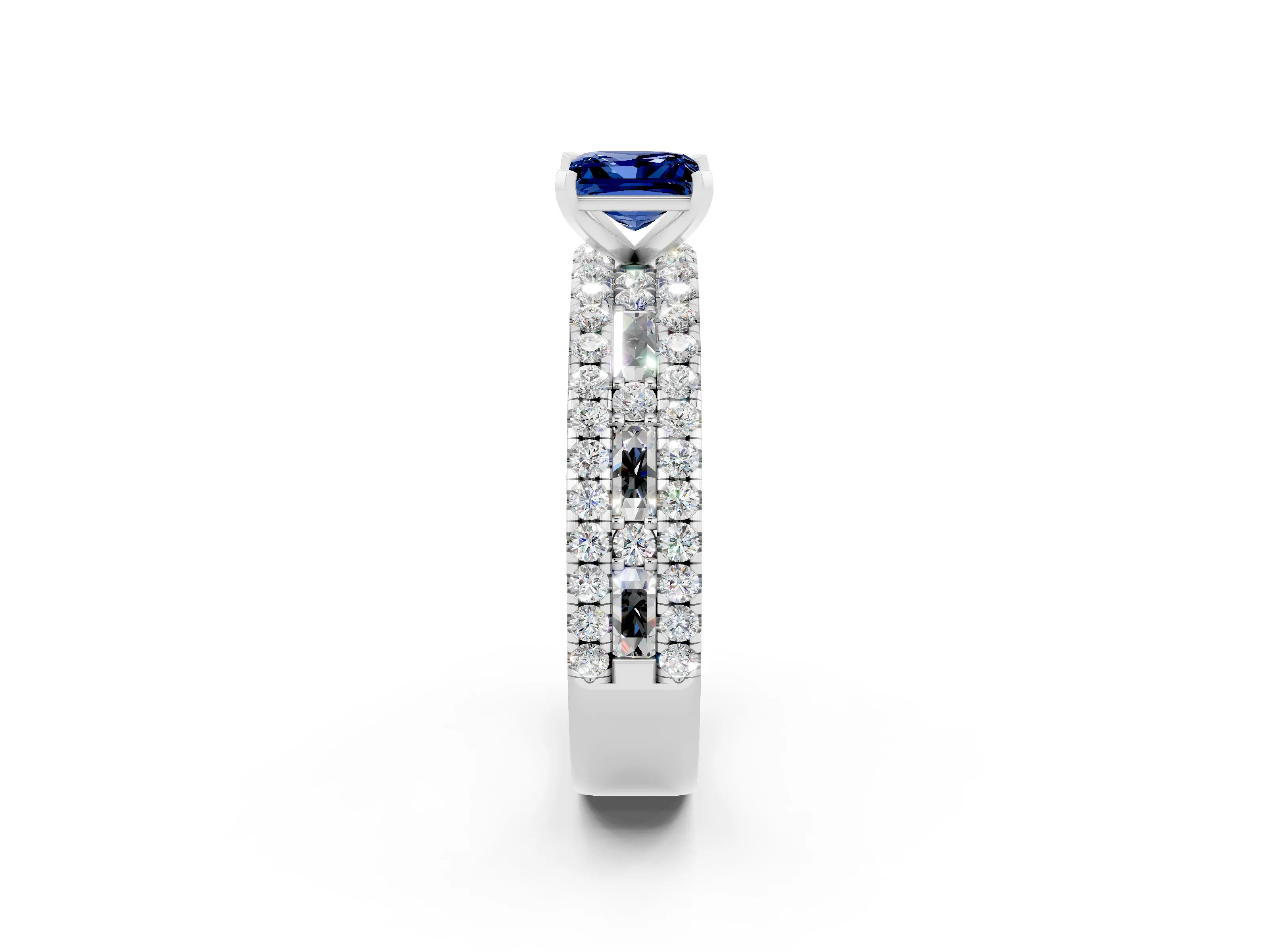 White gold Princess Cut Blue Sapphire Solitaire Ring with Pavé and Channel Set Band_14