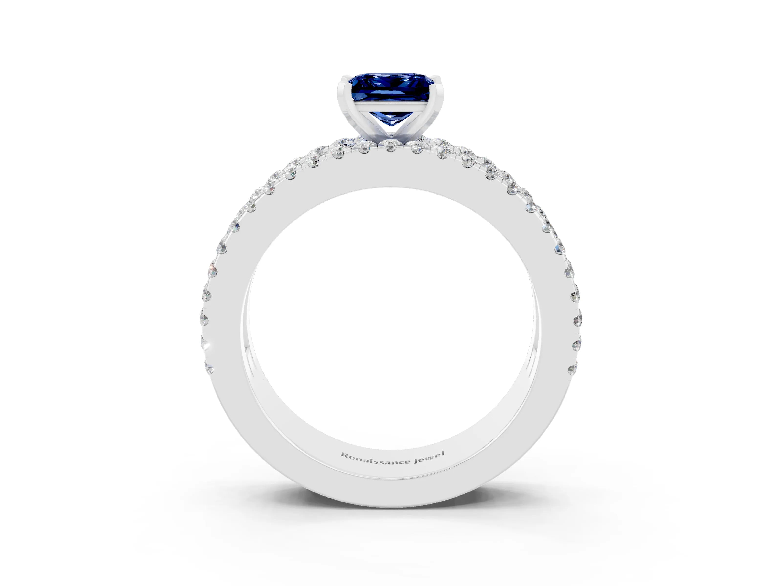 White gold Princess Cut Blue Sapphire Solitaire Ring with Pavé and Channel Set Band_15