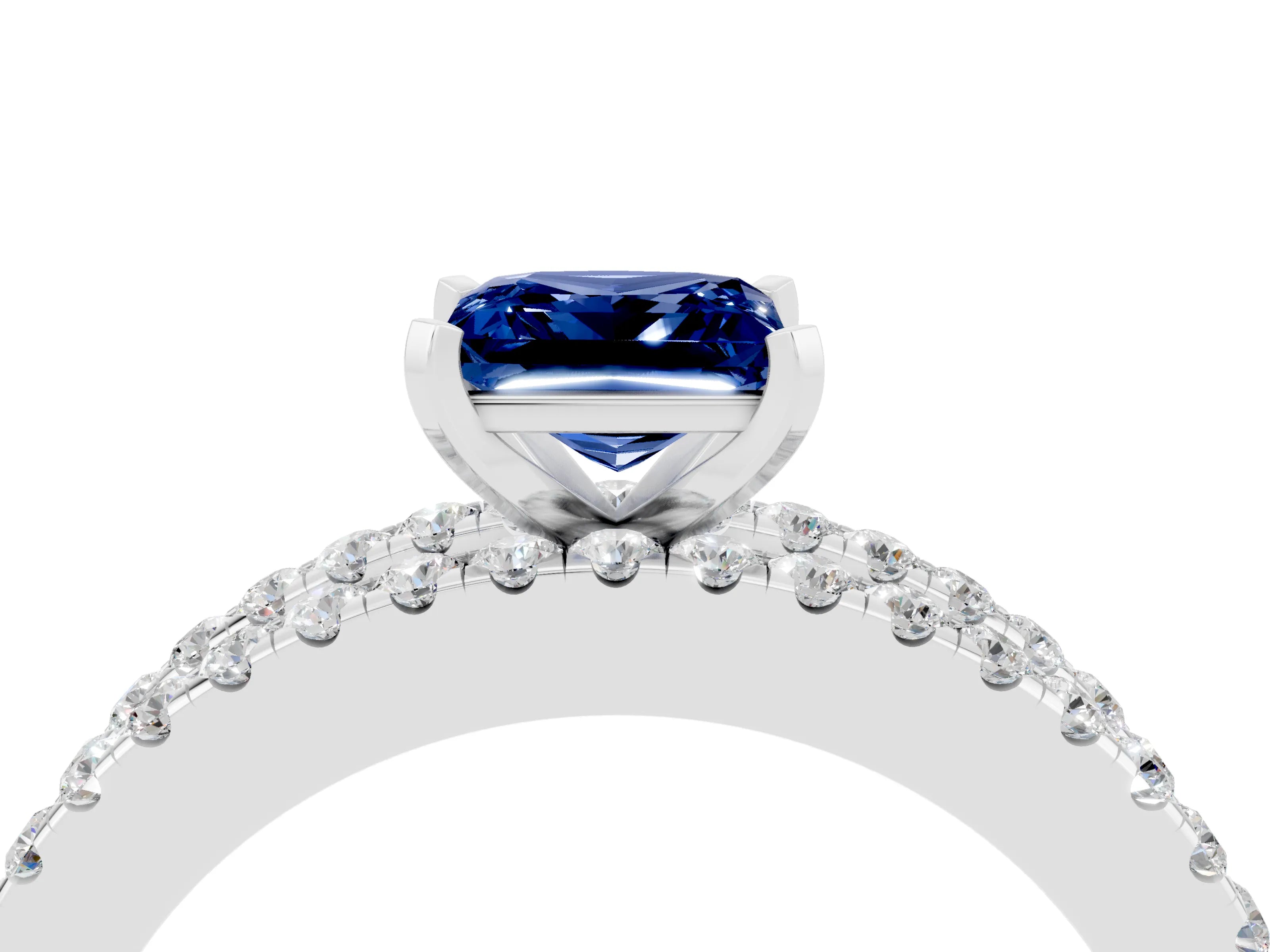 White gold Princess Cut Blue Sapphire Solitaire Ring with Pavé and Channel Set Band_16