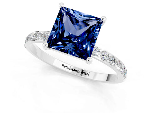 White gold Princess Cut Blue Sapphire Solitaire Ring with Pave Band and Four Prong Setting_25