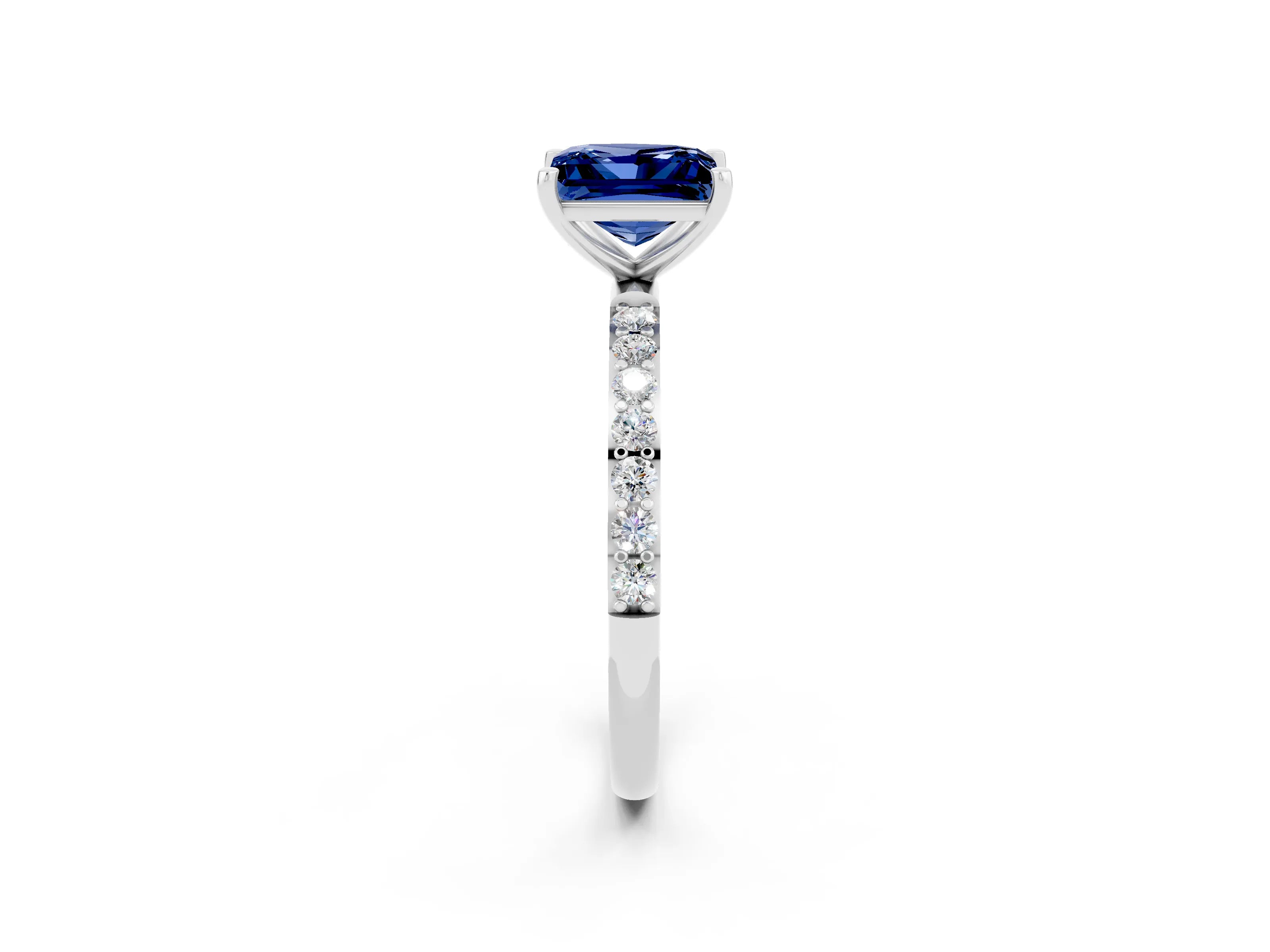 White gold Princess Cut Blue Sapphire Solitaire Ring with Pave Band and Four Prong Setting_26
