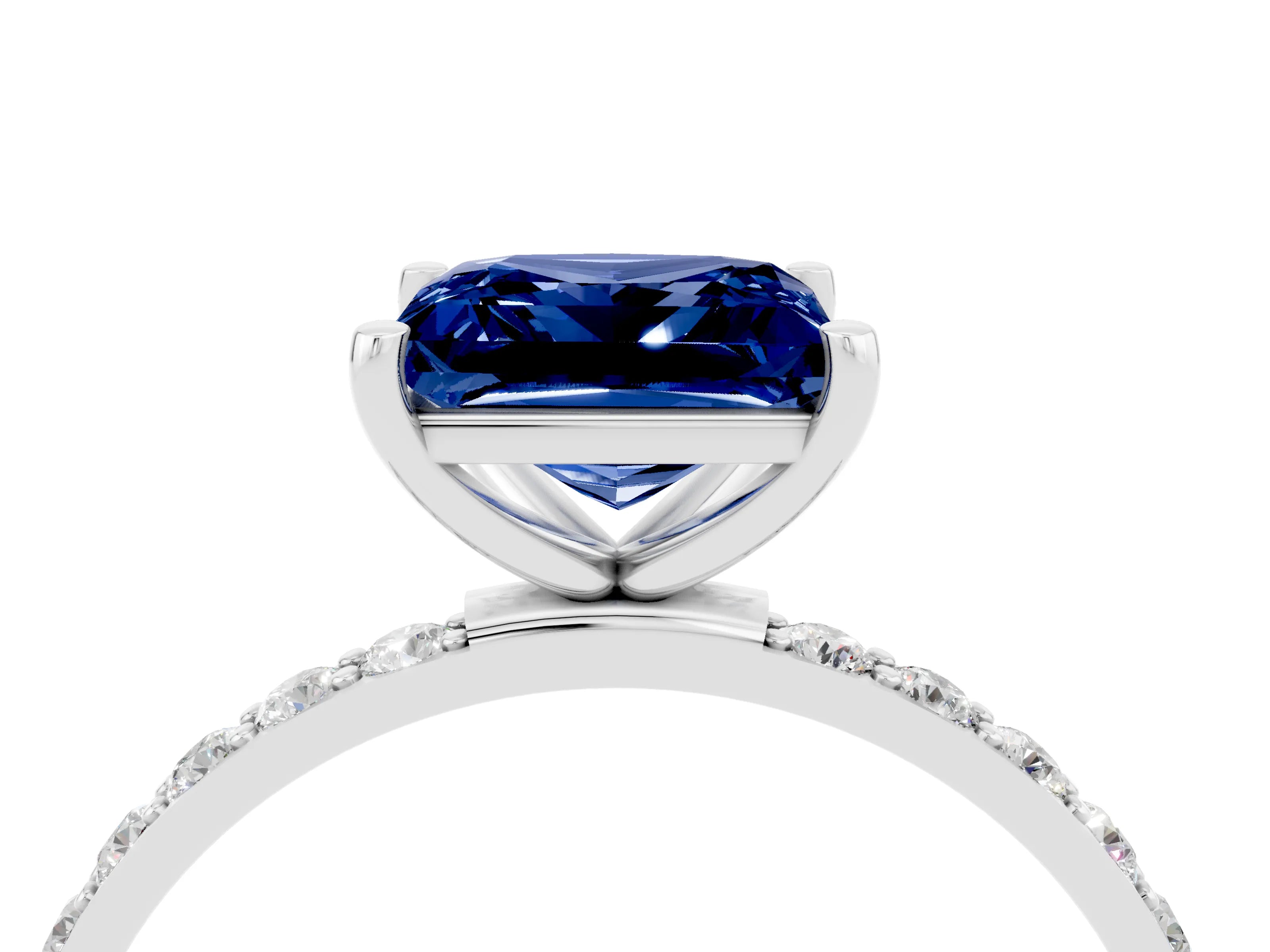 White gold Princess Cut Blue Sapphire Solitaire Ring with Pave Band and Four Prong Setting_28