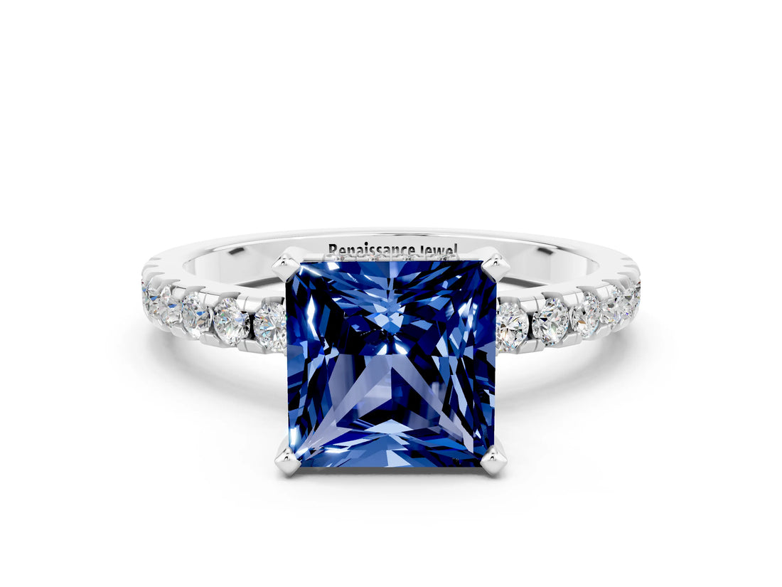 White gold Princess Cut Blue Sapphire Solitaire Ring with Round  Pavé Band and Four-Prong Setting_48