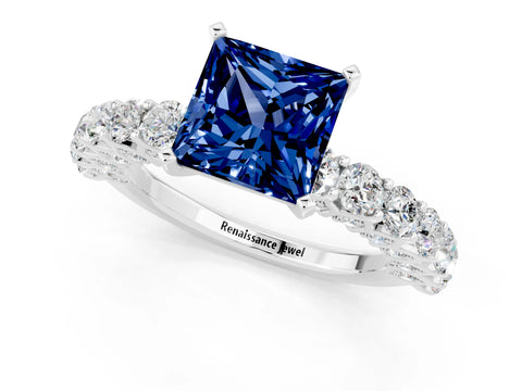White gold Princess Cut Blue Sapphire Solitaire Ring with Shared Prong Pavé Band and Four-Prong Setting_1