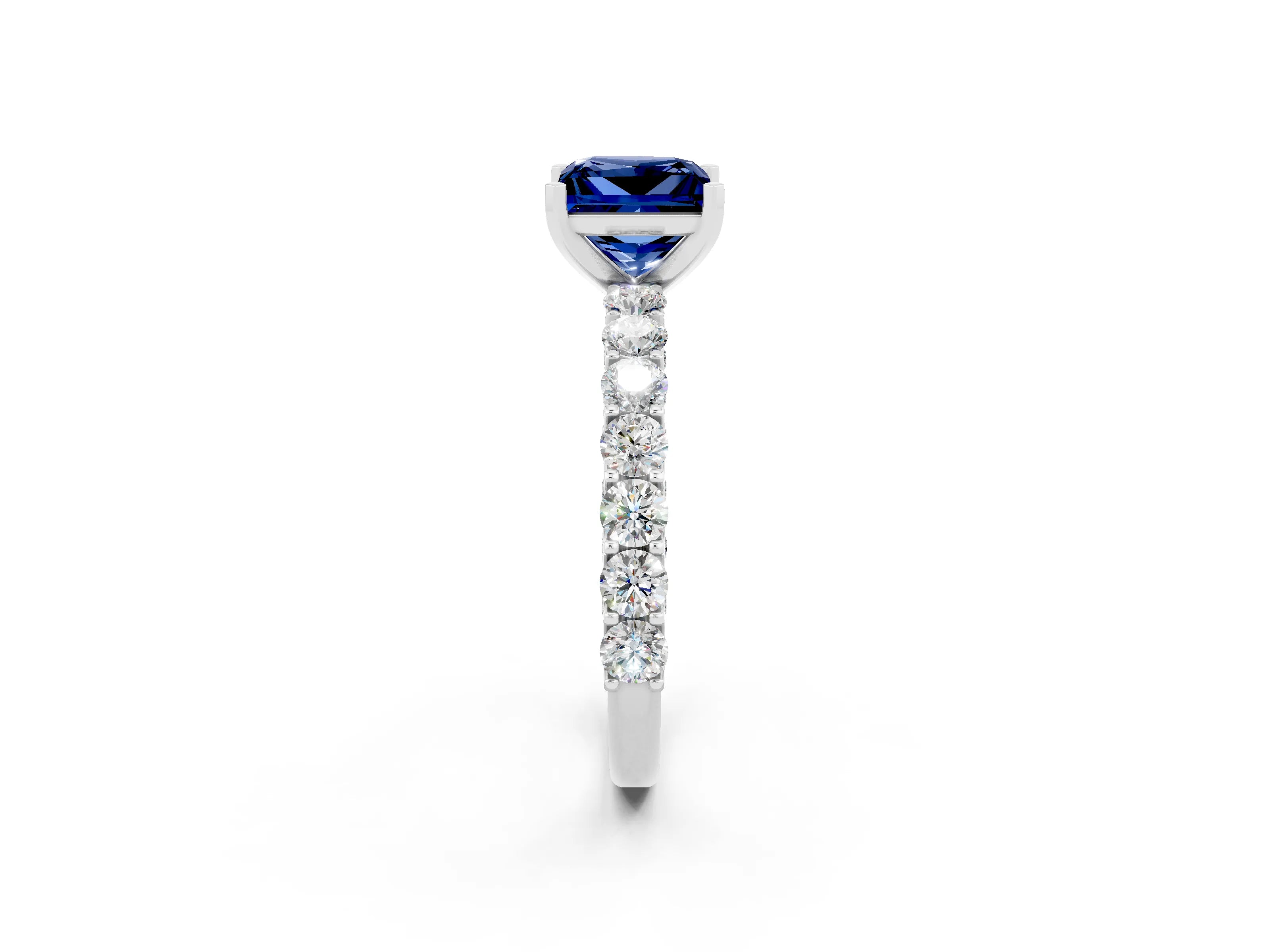 White gold Princess Cut Blue Sapphire Solitaire Ring with Shared Prong Pavé Band and Four-Prong Setting_2