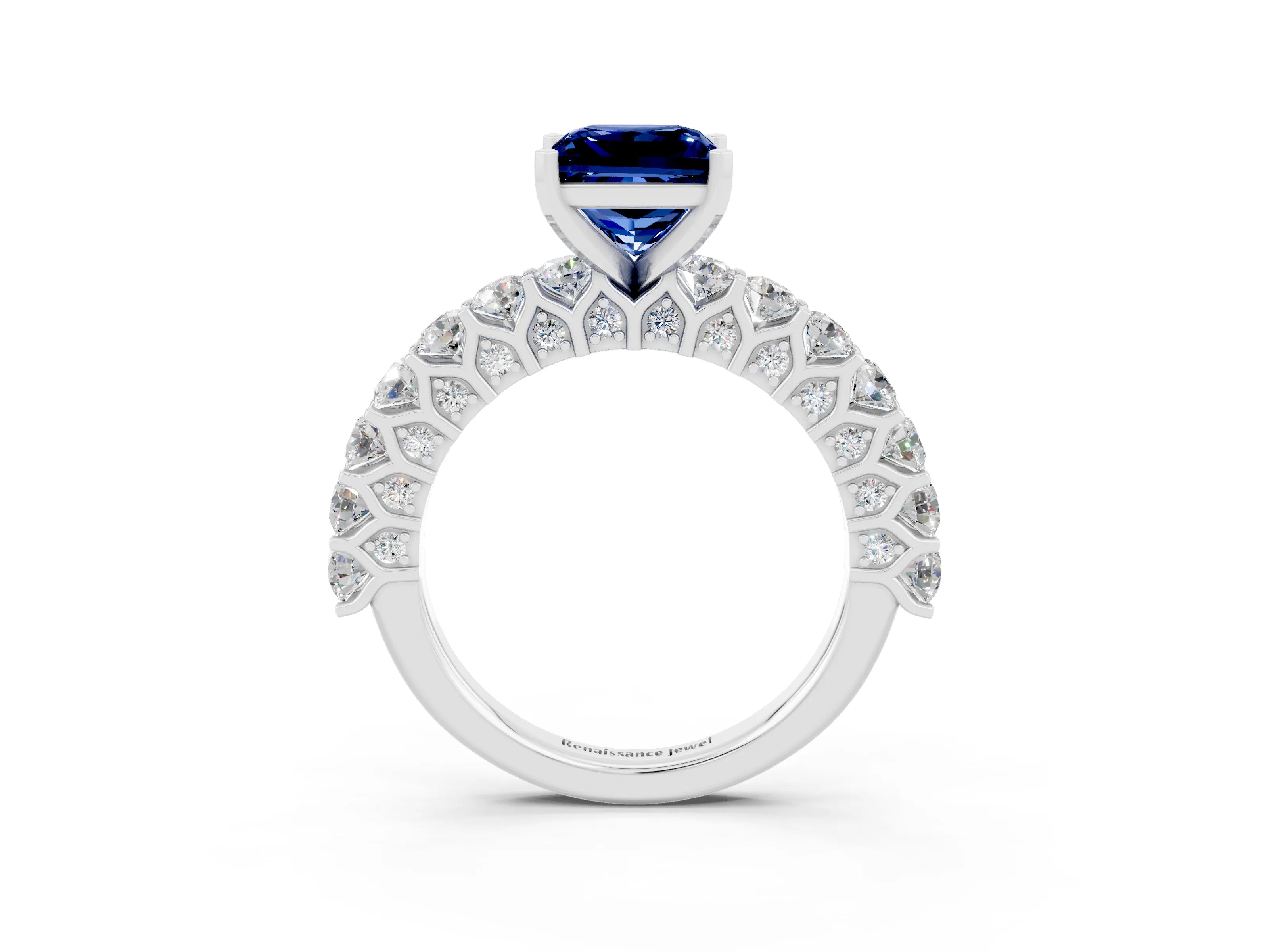 White gold Princess Cut Blue Sapphire Solitaire Ring with Shared Prong Pavé Band and Four-Prong Setting_3
