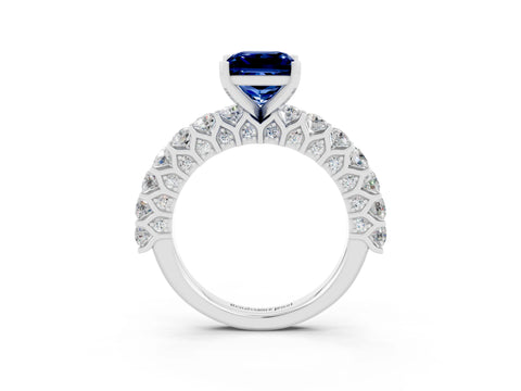 White gold Princess Cut Blue Sapphire Solitaire Ring with Shared Prong Pavé Band and Four-Prong Setting_3