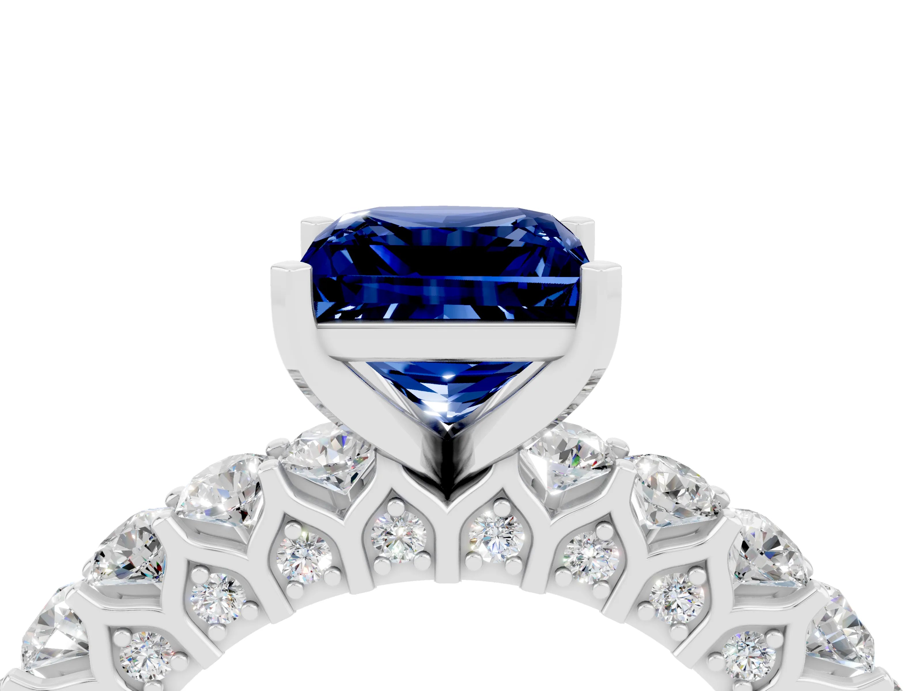 White gold Princess Cut Blue Sapphire Solitaire Ring with Shared Prong Pavé Band and Four-Prong Setting_4
