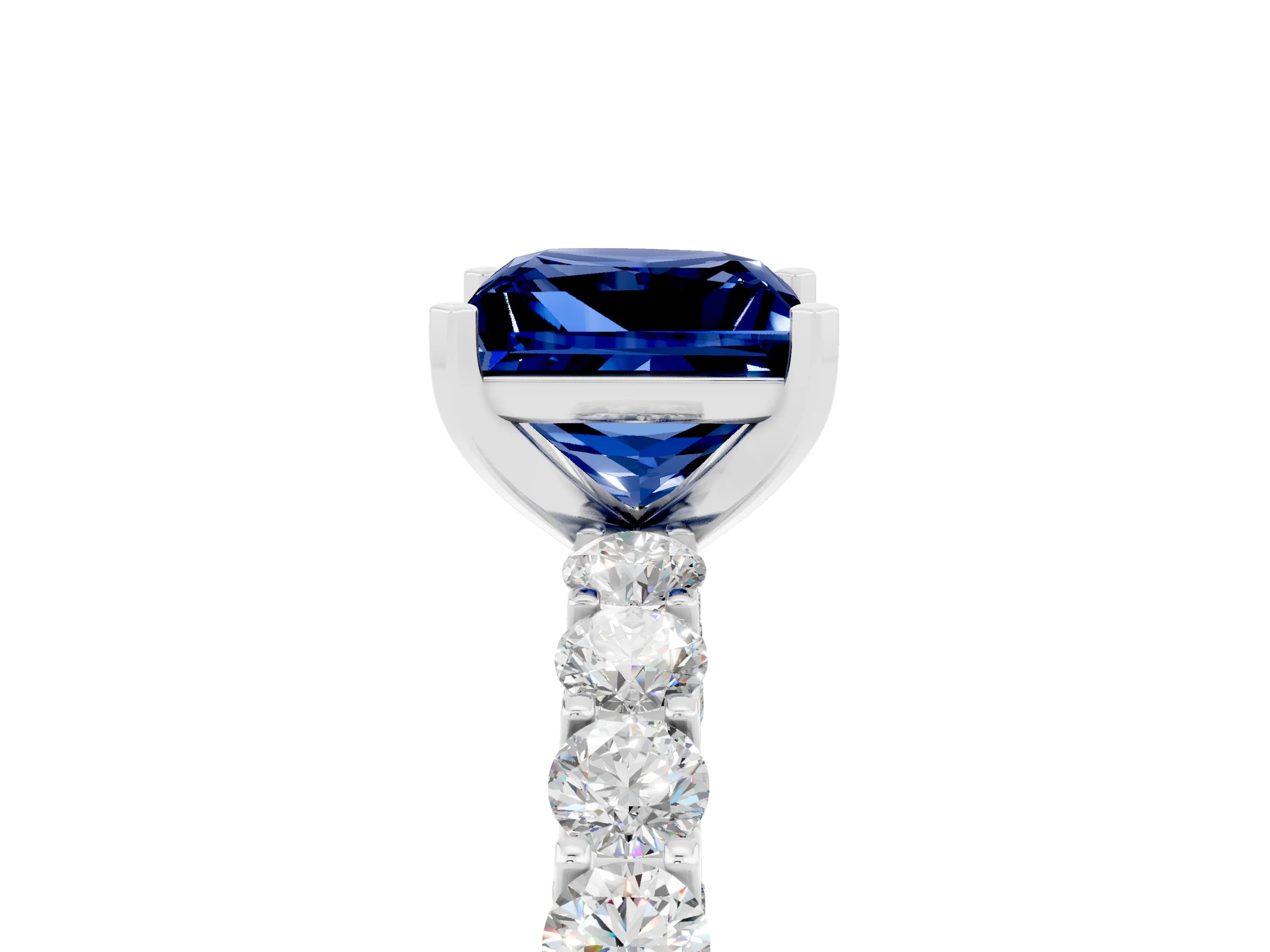White gold Princess Cut Blue Sapphire Solitaire Ring with Shared Prong Pavé Band and Four-Prong Setting_5